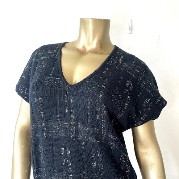 VINTAGE KENETH TOO KNIT SHORT SLEEVE SWEATER TOP, MULTI-COLOR METALLIC V-NECK - Picture 4 of 7